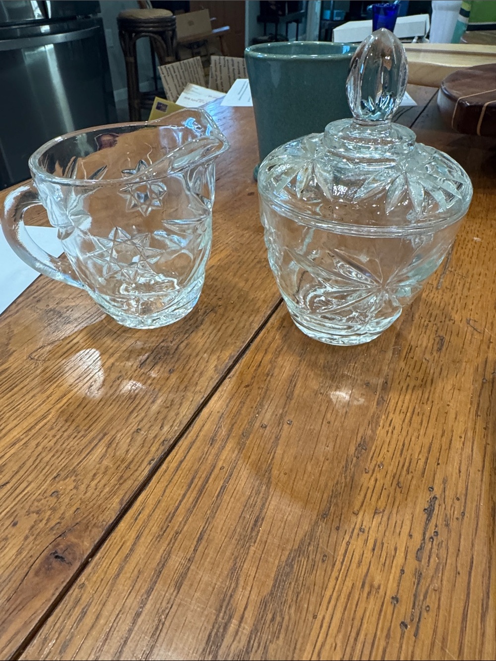 Clear Pressed Glass Creamer and Covered Sugar Bowl - Classic Floral Pattern